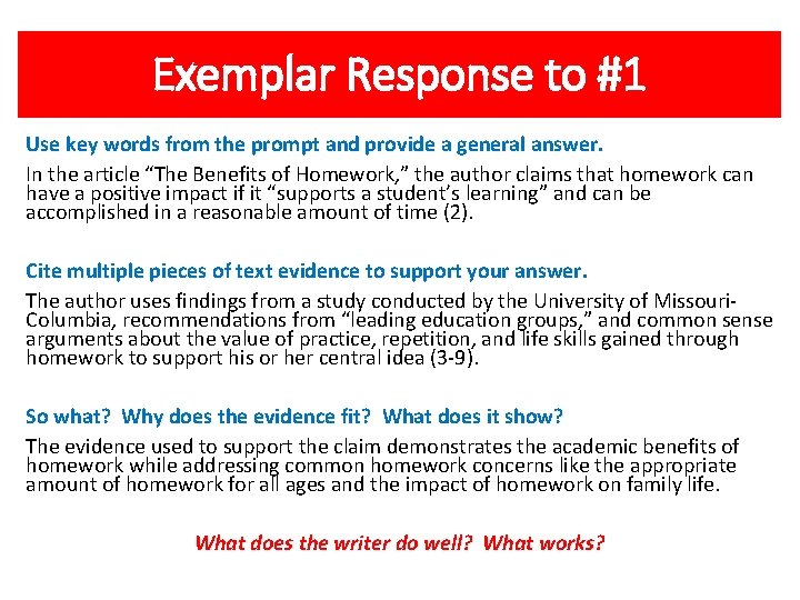 Exemplar Response to #1 Use key words from the prompt and provide a general