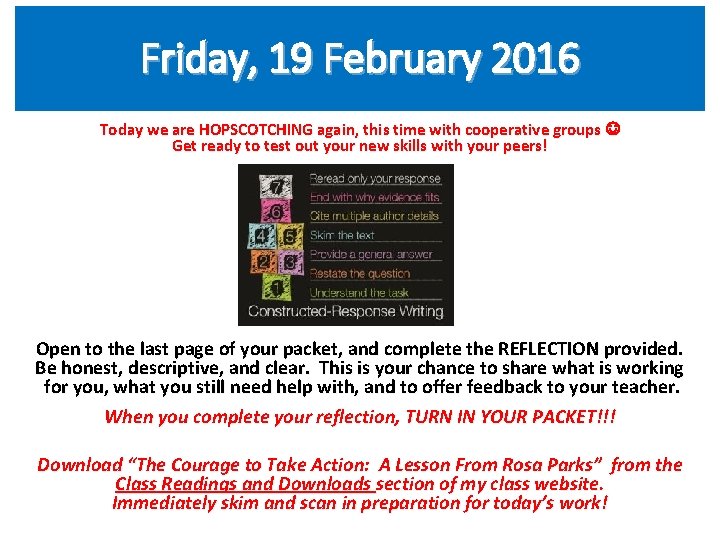 Friday, 19 February 2016 Today we are HOPSCOTCHING again, this time with cooperative groups