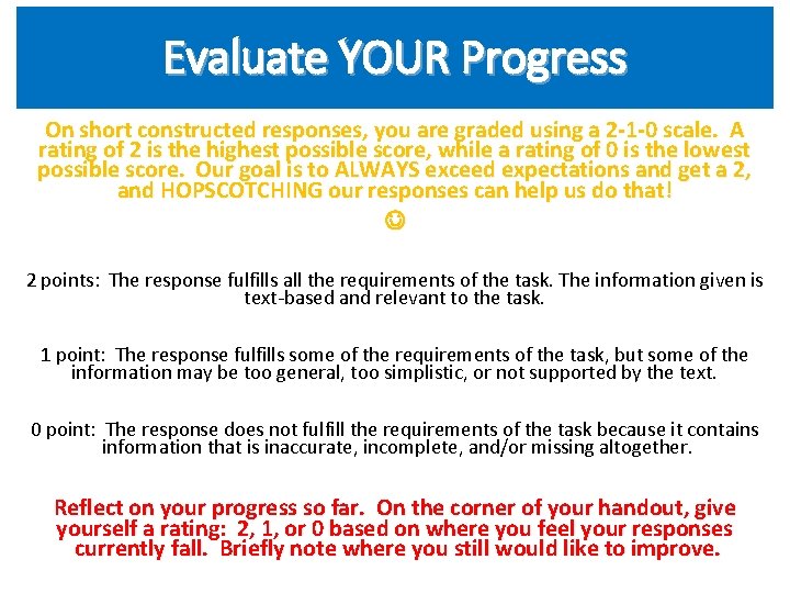 Evaluate YOUR Progress On short constructed responses, you are graded using a 2 -1