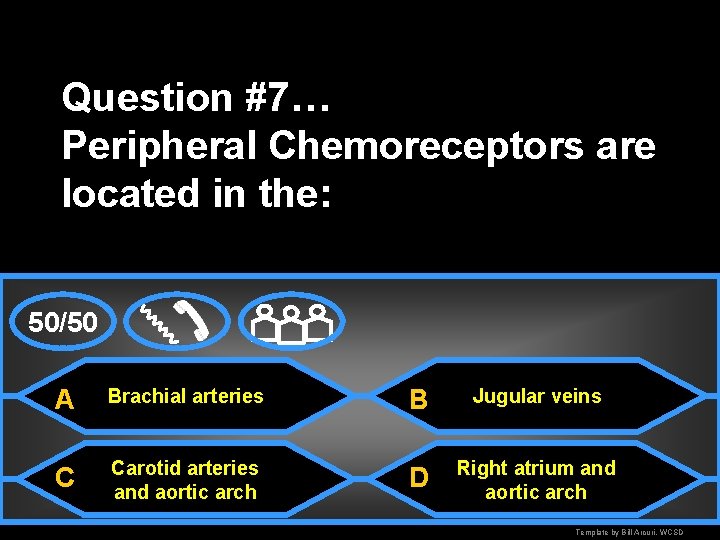 Question #7… Peripheral Chemoreceptors are located in the: 50/50 A Brachial arteries B Jugular