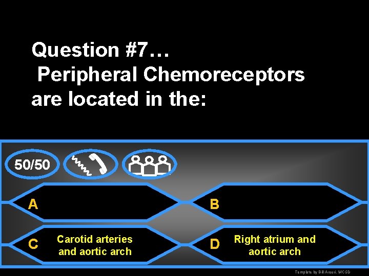 Question #7… Peripheral Chemoreceptors are located in the: 50/50 A C B Carotid arteries