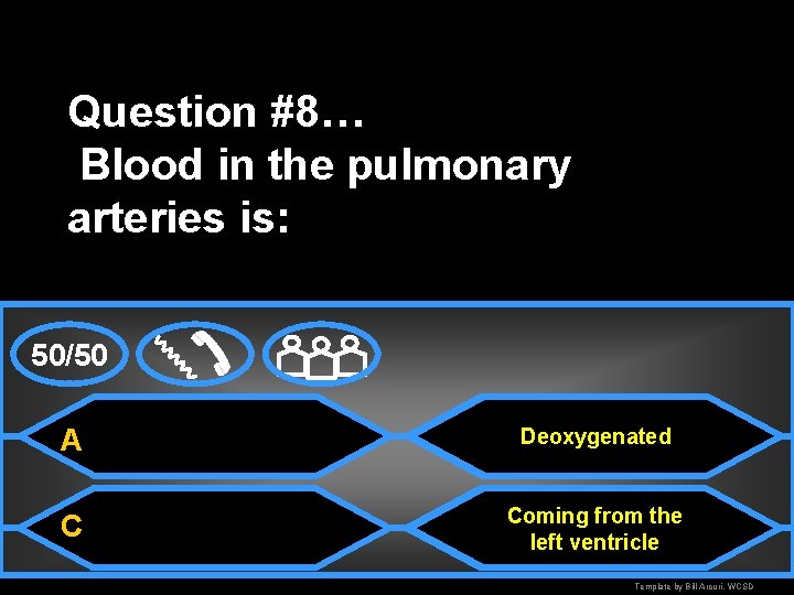 Question #8… Blood in the pulmonary arteries is: 50/50 A B Deoxygenated C D