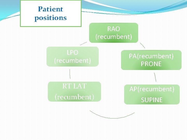 Patient positions RAO (recumbent) LPO (recumbent) PA(recumbent) PRONE RT LAT AP(recumbent) SUPINE (recumbent) 