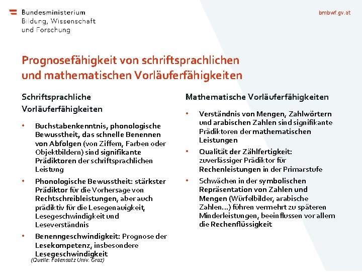 bmbwf. gv. at Prognosefähigkeit von schriftsprachlichen und mathematischen Vorläuferfähigkeiten Schriftsprachliche Vorläuferfähigkeiten • • •