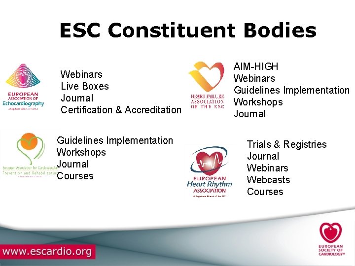 ESC Constituent Bodies Webinars Live Boxes Journal Certification & Accreditation Guidelines Implementation Workshops Journal