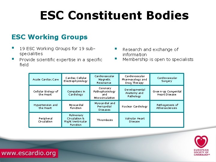 ESC Constituent Bodies ESC Working Groups § § 19 ESC Working Groups for 19