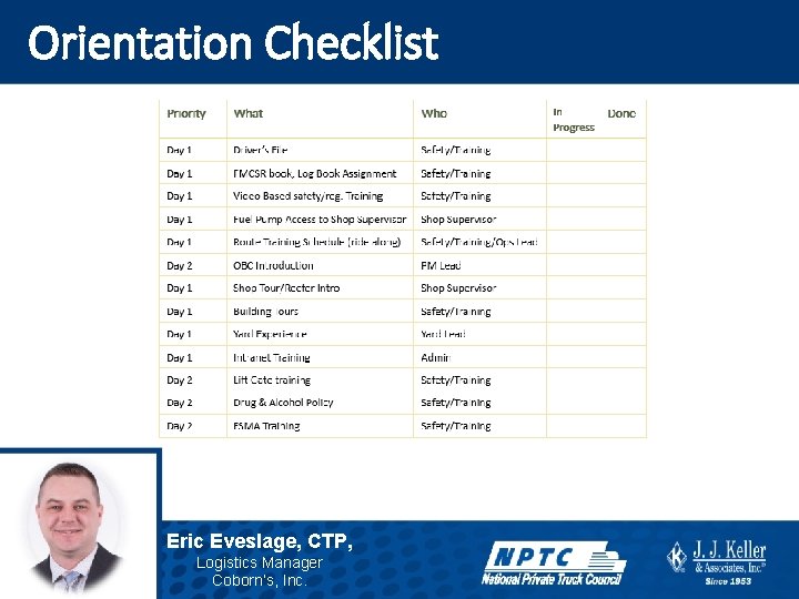 Orientation Checklist Eric Eveslage, CTP, Logistics Manager Coborn’s, Inc. 