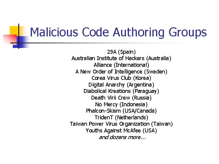 Malicious Code Authoring Groups 29 A (Spain) Australian Institute of Hackers (Australia) Alliance (International)