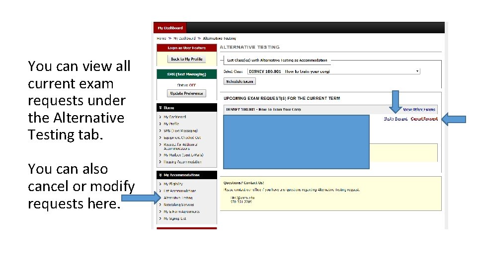 You can view all current exam requests under the Alternative Testing tab. You can