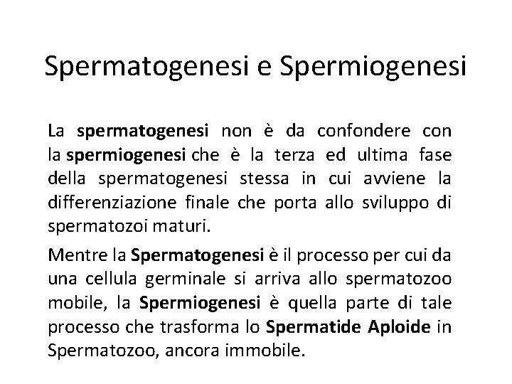 Spermatogenesi e Spermiogenesi La spermatogenesi non è da confondere con la spermiogenesi che è