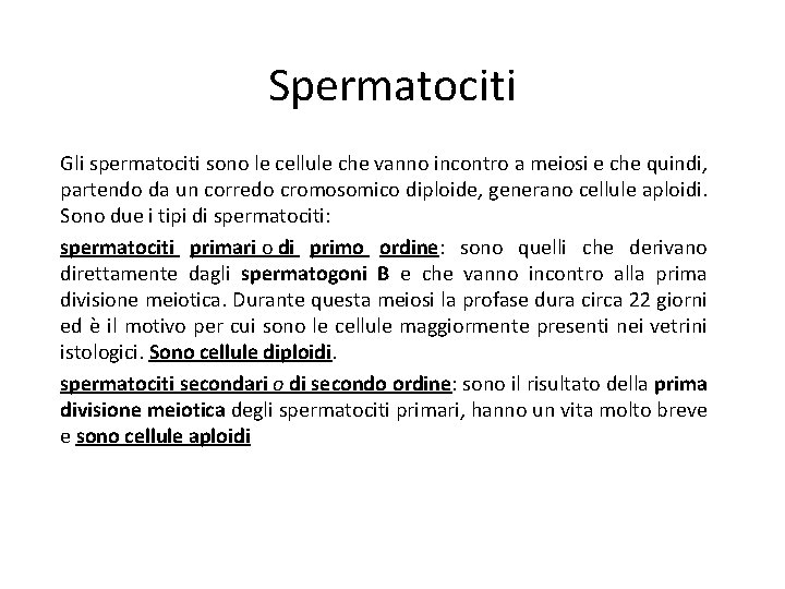 Spermatociti Gli spermatociti sono le cellule che vanno incontro a meiosi e che quindi,