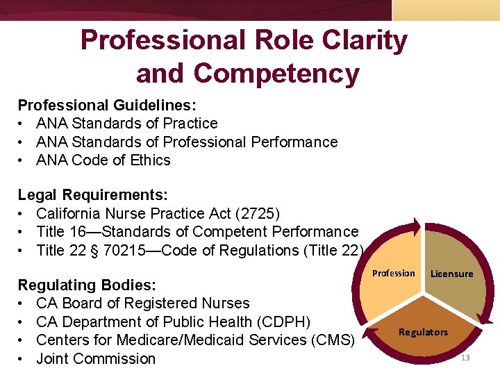 Professional Role Clarity and Competency Professional Guidelines: • ANA Standards of Practice • ANA