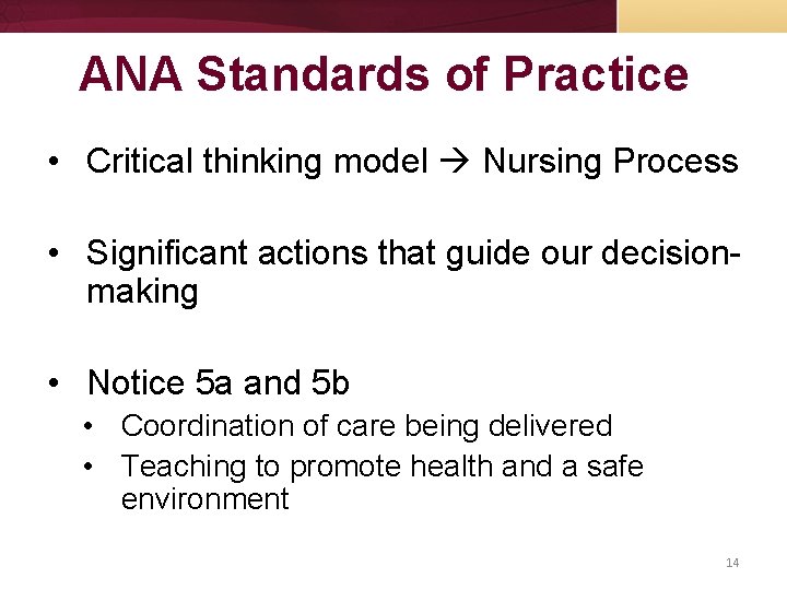 ANA Standards of Practice • Critical thinking model Nursing Process • Significant actions that