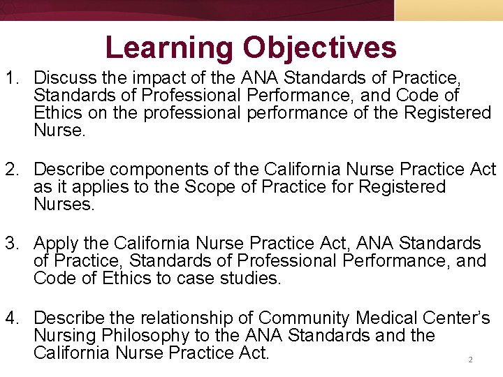 Learning Objectives 1. Discuss the impact of the ANA Standards of Practice, Standards of