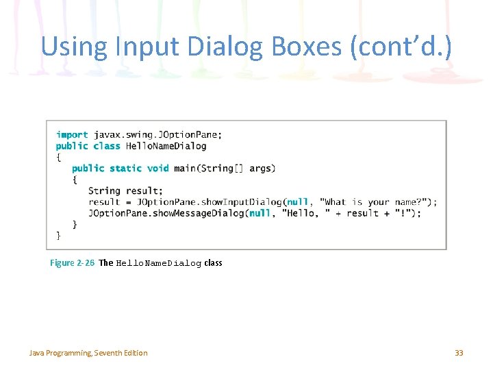 Using Input Dialog Boxes (cont’d. ) Figure 2 -26 The Hello. Name. Dialog class Using Input Dialog Boxes (cont’d. ) Figure 2 -26 The Hello. Name. Dialog class