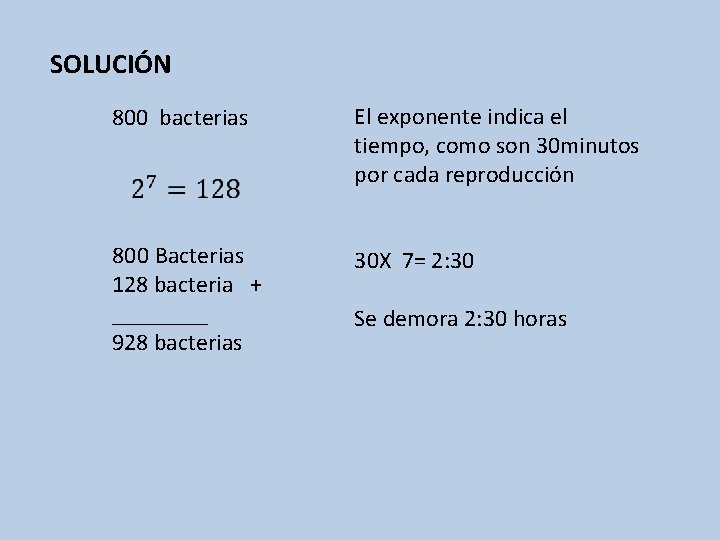 SOLUCIÓN 800 bacterias 800 Bacterias 128 bacteria + ____ 928 bacterias El exponente indica