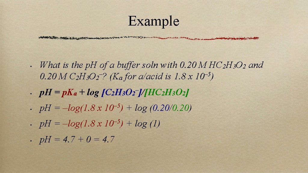 Example • What is the p. H of a buffer soln with 0. 20