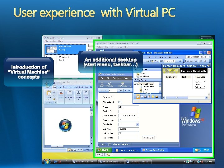 User experience with Virtual PC Introduction of “Virtual Machine” concepts An additional desktop (start