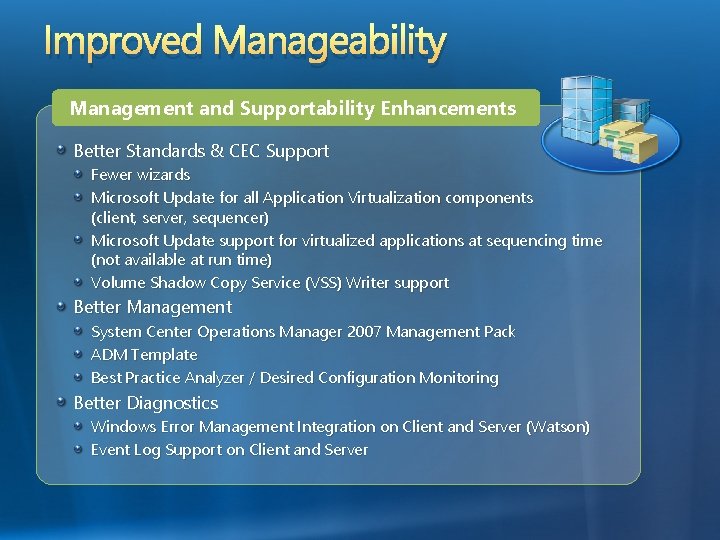 Improved Manageability Management and Supportability Enhancements Better Standards & CEC Support Fewer wizards Microsoft