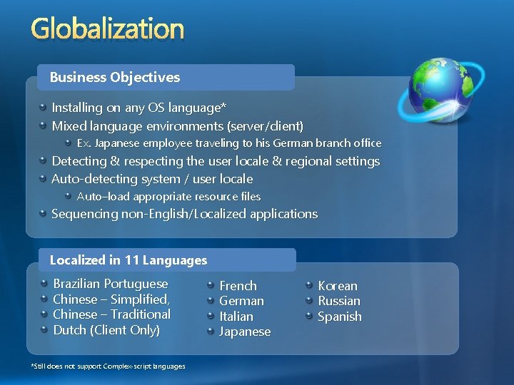 Globalization Business Objectives Installing on any OS language* Mixed language environments (server/client) Ex. Japanese