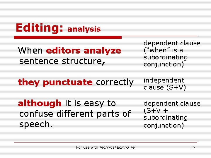 Editing: analysis When editors analyze sentence structure, dependent clause (“when” is a subordinating conjunction)