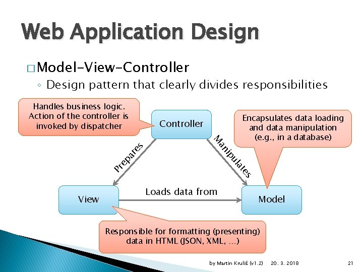 Web Application Design � Model-View-Controller ◦ Design pattern that clearly divides responsibilities Controller Encapsulates