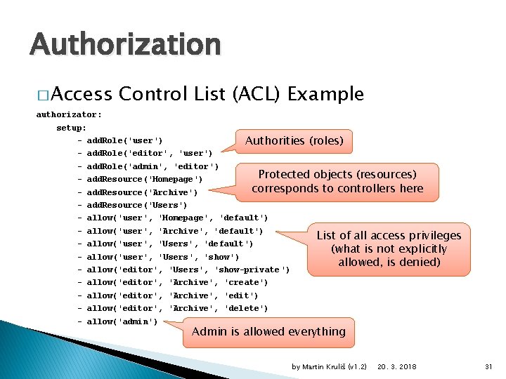 Authorization � Access Control List (ACL) Example authorizator: setup: - add. Role('user') - add.