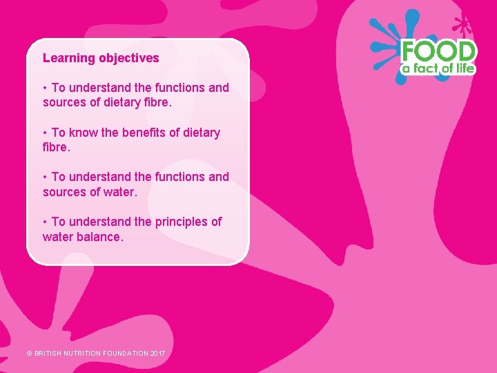 Learning objectives • To understand the functions and sources of dietary fibre. • To