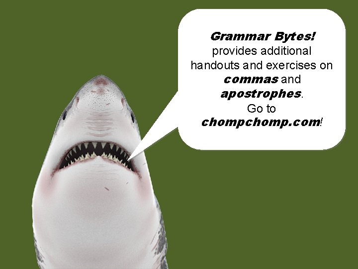 Grammar Bytes! provides additional handouts and exercises on commas and apostrophes. Go to chomp.