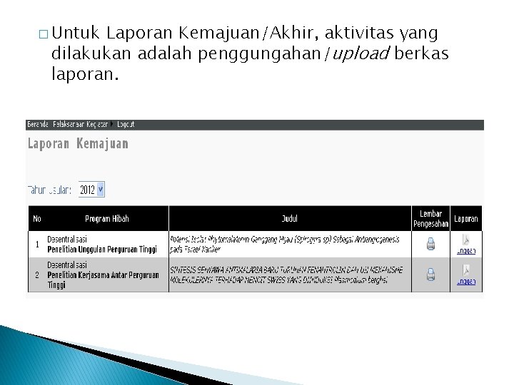 � Untuk Laporan Kemajuan/Akhir, aktivitas yang dilakukan adalah penggungahan/upload berkas laporan. 
