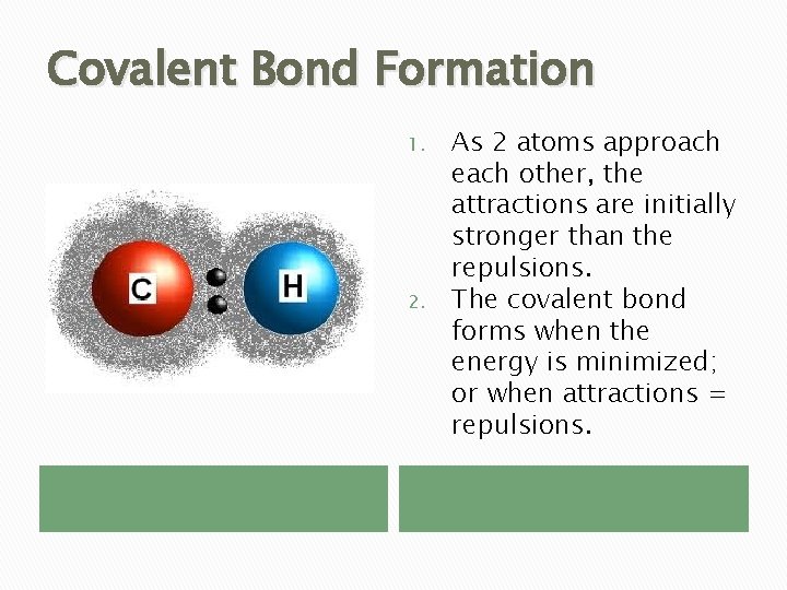 Covalent Bond Formation 1. 2. As 2 atoms approach each other, the attractions are