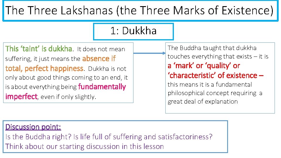 The Three Lakshanas (the Three Marks of Existence) 1: Dukkha This ‘taint’ is dukkha.
