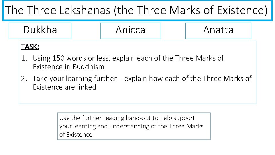 The Three Lakshanas (the Three Marks of Existence) Dukkha Anicca Anatta TASK: 1. Using