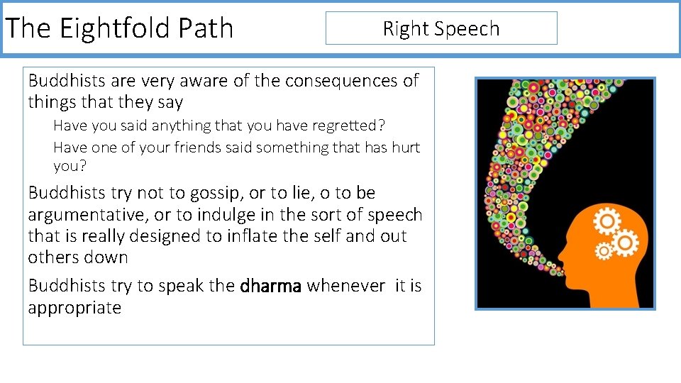 The Eightfold Path Right Speech Buddhists are very aware of the consequences of things