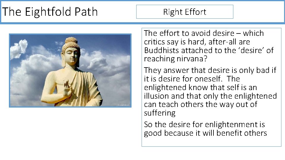 The Eightfold Path Right Effort The effort to avoid desire – which critics say