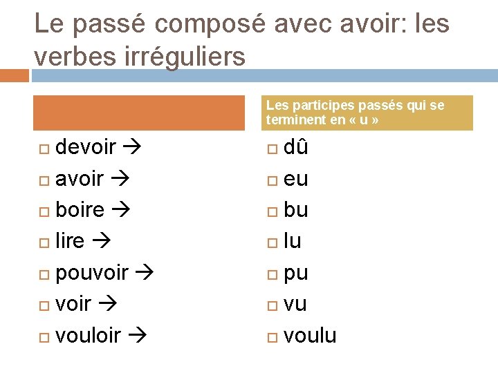 Le passé composé avec avoir: les verbes irréguliers Les participes passés qui se terminent