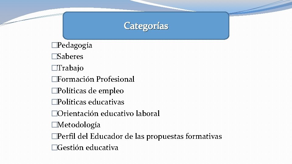 Categorías �Pedagogía �Saberes �Trabajo �Formación Profesional �Políticas de empleo �Políticas educativas �Orientación educativo laboral