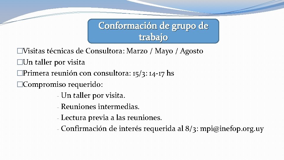 Conformación de grupo de trabajo �Visitas técnicas de Consultora: Marzo / Mayo / Agosto