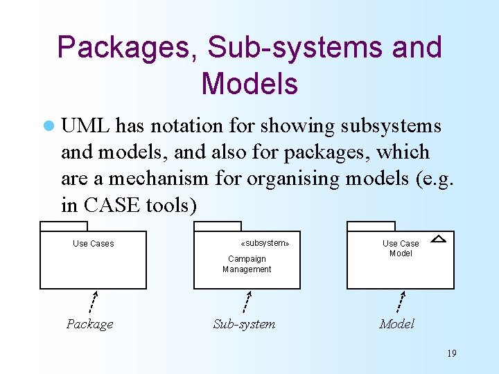 Packages, Sub-systems and Models l UML has notation for showing subsystems and models, and