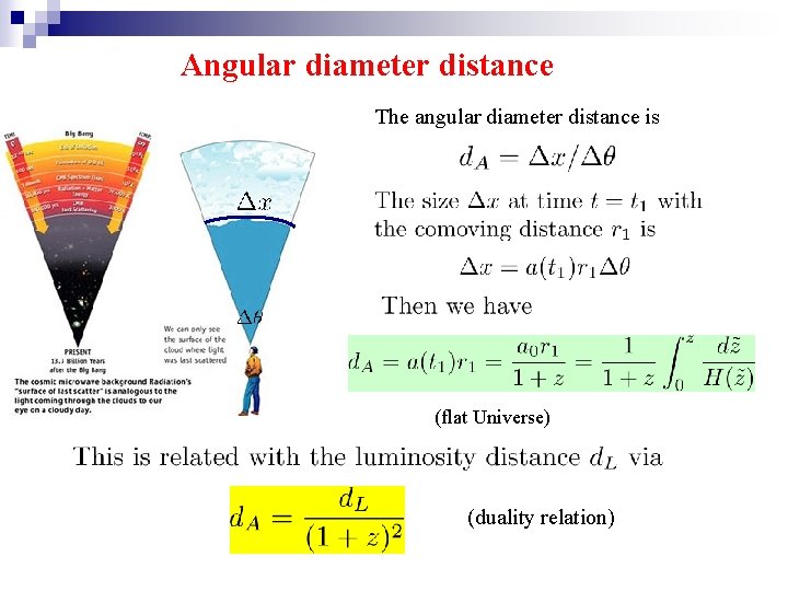 Angular diameter distance The angular diameter distance is (flat Universe) (duality relation) 