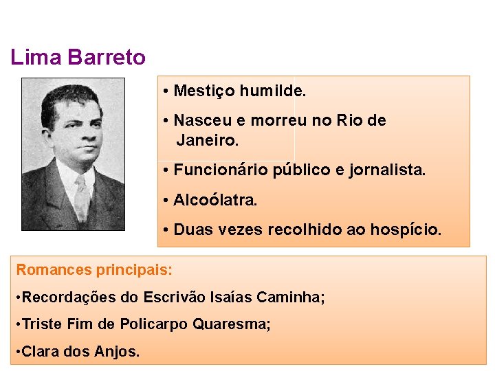 Lima Barreto • Mestiço humilde. • Nasceu e morreu no Rio de Janeiro. •