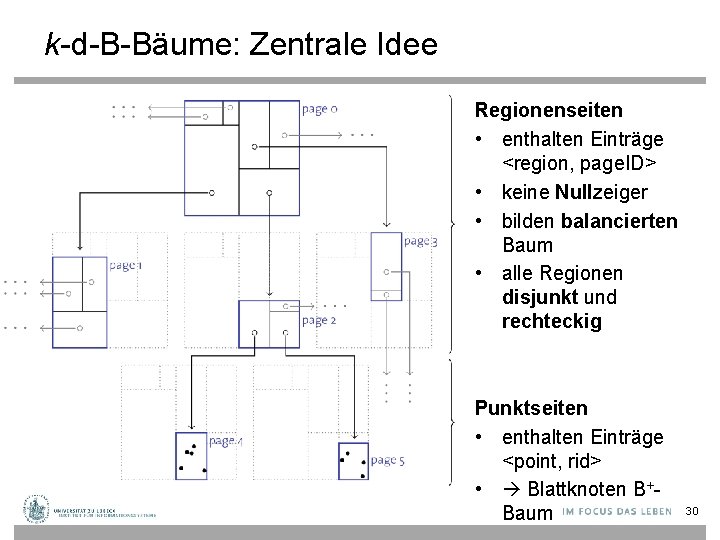 k-d-B-Bäume: Zentrale Idee Regionenseiten • enthalten Einträge <region, page. ID> • keine Nullzeiger •