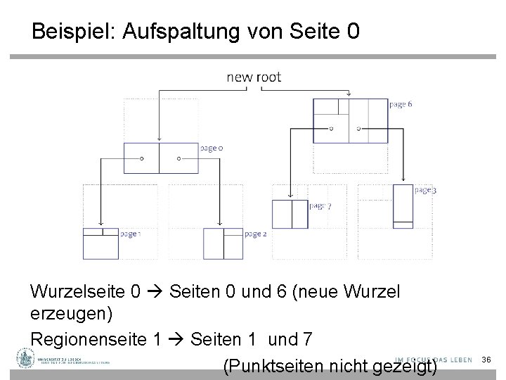 Beispiel: Aufspaltung von Seite 0 Wurzelseite 0 Seiten 0 und 6 (neue Wurzel erzeugen)