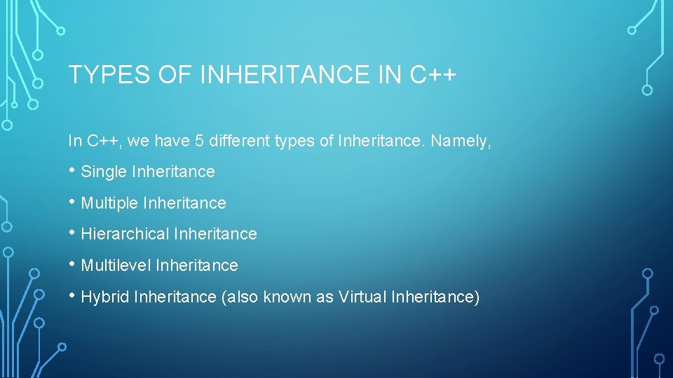 TYPES OF INHERITANCE IN C++ In C++, we have 5 different types of Inheritance.