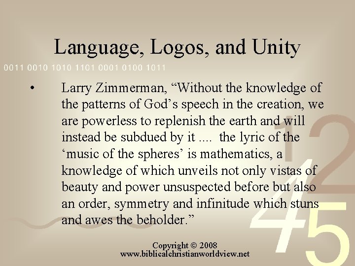 Language, Logos, and Unity • Larry Zimmerman, “Without the knowledge of the patterns of
