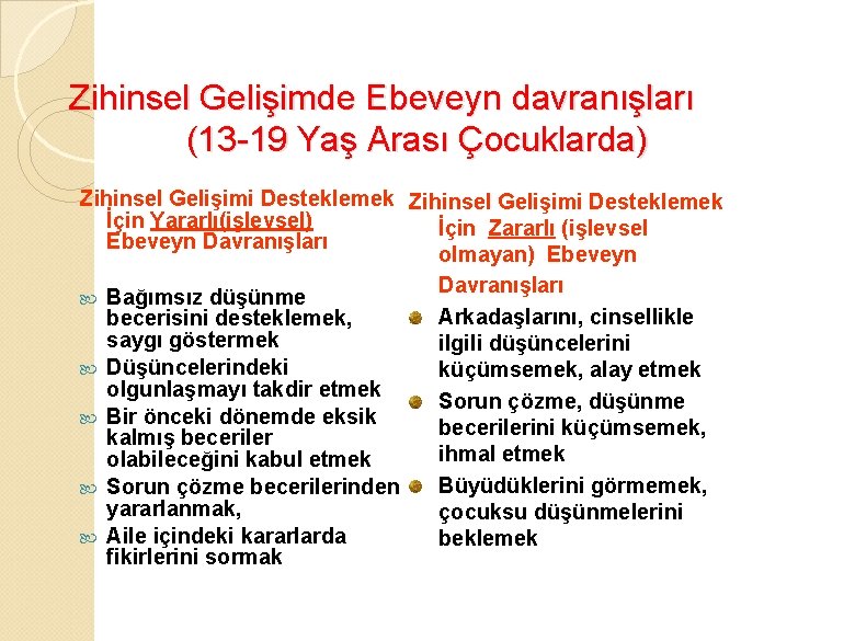 Zihinsel Gelişimde Ebeveyn davranışları (13 -19 Yaş Arası Çocuklarda) Zihinsel Gelişimi Desteklemek İçin Yararlı(işlevsel)