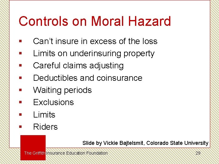 Controls on Moral Hazard § § § § Can’t insure in excess of the