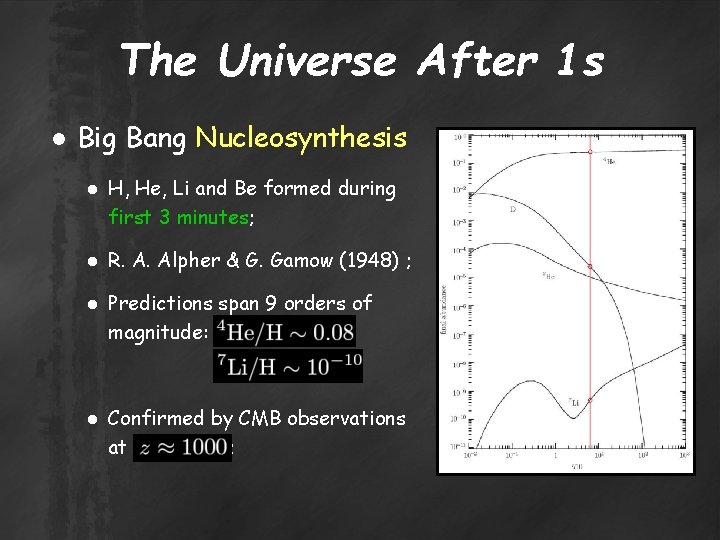 The Universe After 1 s ● Big Bang Nucleosynthesis ● H, He, Li and