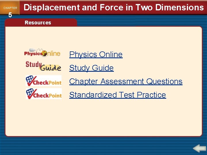 CHAPTER 5 Displacement and Force in Two Dimensions Resources Physics Online Study Guide Chapter