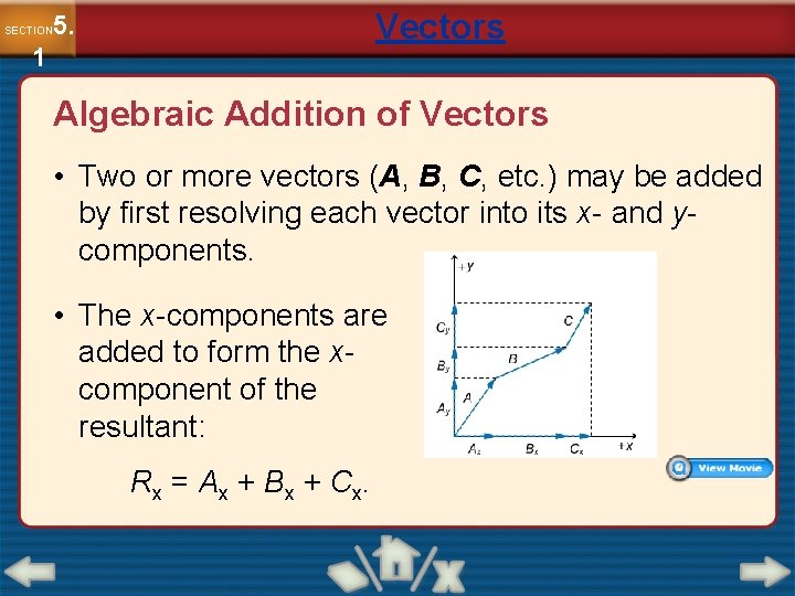 Vectors 5. SECTION 1 Algebraic Addition of Vectors • Two or more vectors (A,